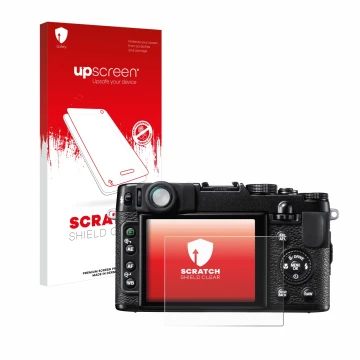 Parte frontal de un envase de producto con el logotipo de la marca upscreen. Al lado se muestra el dispositivo Fujifilm FinePi