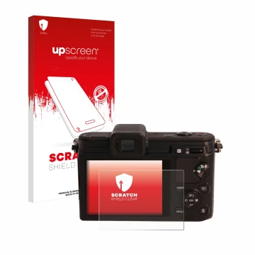 Parte frontal de un envase de producto con el logotipo de la marca upscreen. Al lado se muestra el dispositivo Nikon 1 V1 con 