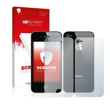 Parte frontal de un envase de producto con el logotipo de la marca upscreen. Al lado se muestra el dispositivo Apple iPhone 4S