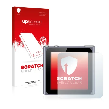 Parte frontal de un envase de producto con el logotipo de la marca upscreen. Al lado se muestra el dispositivo Apple iPod nano