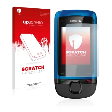 Parte frontal de un envase de producto con el logotipo de la marca upscreen. Al lado se muestra el dispositivo Nokia C2-05 con