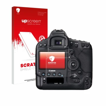 Parte frontal de un envase de producto con el logotipo de la marca upscreen. Al lado se muestra el dispositivo Canon EOS 1D X 