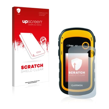 Parte frontal de un envase de producto con el logotipo de la marca upscreen. Al lado se muestra el dispositivo Garmin eTrex 10