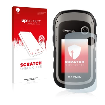 Parte frontal de un envase de producto con el logotipo de la marca upscreen. Al lado se muestra el dispositivo Garmin eTrex 30