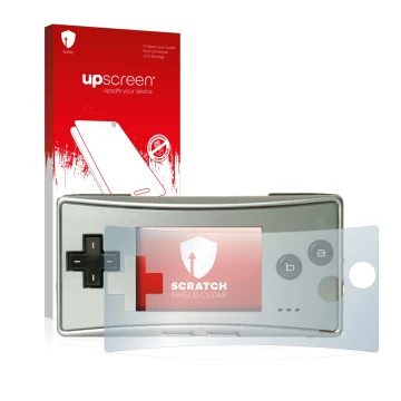 Parte frontal de un envase de producto con el logotipo de la marca upscreen. Al lado se muestra el dispositivo Nintendo Gamebo