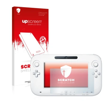 Parte frontal de un envase de producto con el logotipo de la marca upscreen. Al lado se muestra el dispositivo Nintendo Wii U 