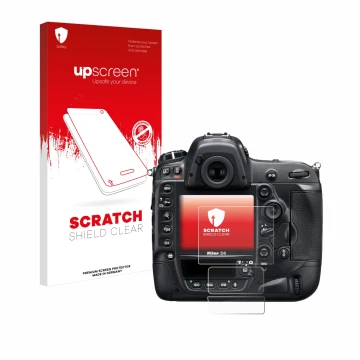 Parte frontal de un envase de producto con el logotipo de la marca upscreen. Al lado se muestra el dispositivo Nikon D4 con su