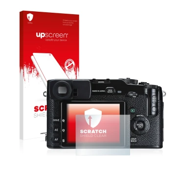 Parte frontal de un envase de producto con el logotipo de la marca upscreen. Al lado se muestra el dispositivo Fujifilm X-Pro1