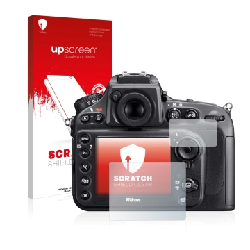 Parte frontal de un envase de producto con el logotipo de la marca upscreen. Al lado se muestra el dispositivo Nikon D800 con 