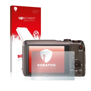 Parte frontal de un envase de producto con el logotipo de la marca upscreen. Al lado se muestra el dispositivo Sony Cyber-Shot