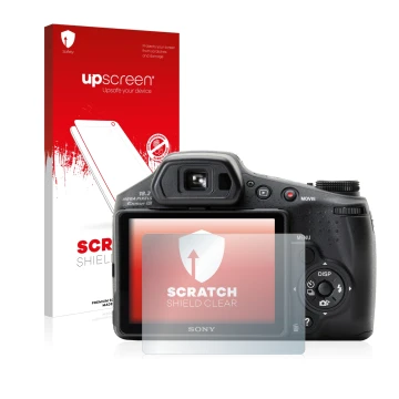 Parte frontal de un envase de producto con el logotipo de la marca upscreen. Al lado se muestra el dispositivo Sony Cyber-Shot
