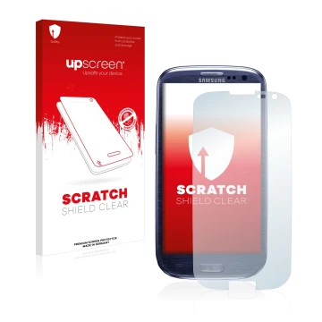 Parte frontal de un envase de producto con el logotipo de la marca upscreen. Al lado se muestra el dispositivo Samsung Galaxy 