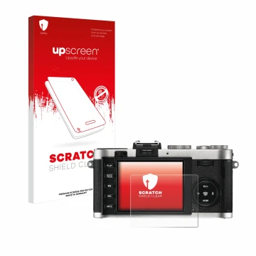 Parte frontal de un envase de producto con el logotipo de la marca upscreen. Al lado se muestra el dispositivo Leica X2 con su