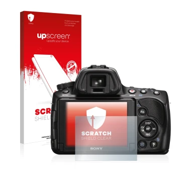 Parte frontal de un envase de producto con el logotipo de la marca upscreen. Al lado se muestra el dispositivo Sony Alpha 37 (