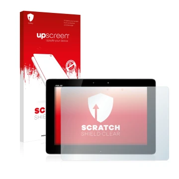 Parte frontal de un envase de producto con el logotipo de la marca upscreen. Al lado se muestra el dispositivo ASUS Transforme