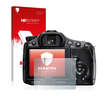 Parte frontal de un envase de producto con el logotipo de la marca upscreen. Al lado se muestra el dispositivo Sony Alpha 57 (