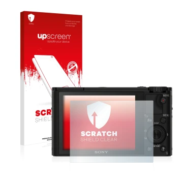 Parte frontal de un envase de producto con el logotipo de la marca upscreen. Al lado se muestra el dispositivo Sony Cyber-Shot