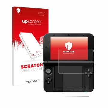Parte frontal de un envase de producto con el logotipo de la marca upscreen. Al lado se muestra el dispositivo Nintendo 3DS XL
