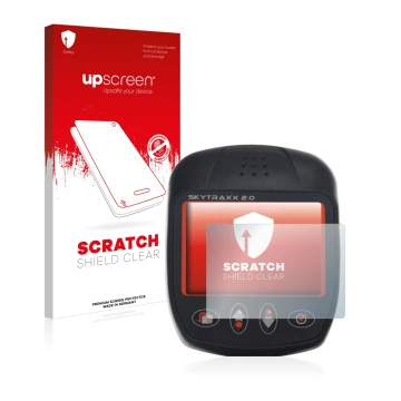 Parte frontal de un envase de producto con el logotipo de la marca upscreen. Al lado se muestra el dispositivo Skytraxx 2.0 Va