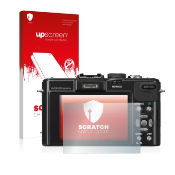 Parte frontal de un envase de producto con el logotipo de la marca upscreen. Al lado se muestra el dispositivo Panasonic Lumix