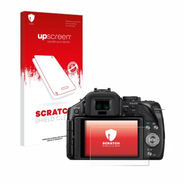 Parte frontal de un envase de producto con el logotipo de la marca upscreen. Al lado se muestra el dispositivo Panasonic Lumix