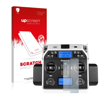 Parte frontal de un envase de producto con el logotipo de la marca upscreen. Al lado se muestra el dispositivo Graupner MC-20 