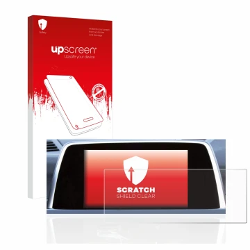 Parte frontal de un envase de producto con el logotipo de la marca upscreen. Al lado se muestra el dispositivo BMW 6 F13 Coupe