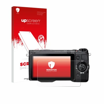 Parte frontal de un envase de producto con el logotipo de la marca upscreen. Al lado se muestra el dispositivo Sony Alpha NEX-