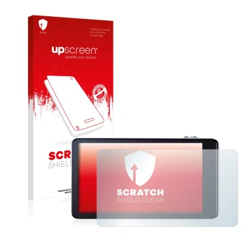 Parte frontal de un envase de producto con el logotipo de la marca upscreen. Al lado se muestra el dispositivo Samsung Galaxy 