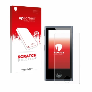 Parte frontal de un envase de producto con el logotipo de la marca upscreen. Al lado se muestra el dispositivo Apple iPod nano