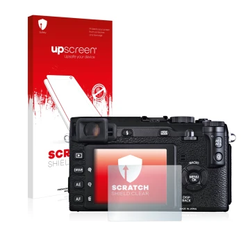 Parte frontal de un envase de producto con el logotipo de la marca upscreen. Al lado se muestra el dispositivo Fujifilm X-E1 c
