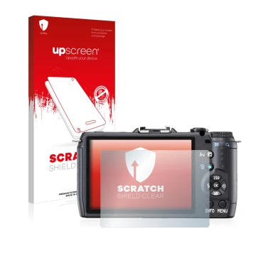 Parte frontal de un envase de producto con el logotipo de la marca upscreen. Al lado se muestra el dispositivo Pentax Q10 con 