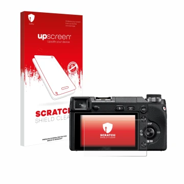 Parte frontal de un envase de producto con el logotipo de la marca upscreen. Al lado se muestra el dispositivo Sony Alpha NEX-