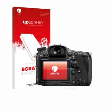 Parte frontal de un envase de producto con el logotipo de la marca upscreen. Al lado se muestra el dispositivo Sony Alpha 99 c