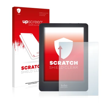 Parte frontal de un envase de producto con el logotipo de la marca upscreen. Al lado se muestra el dispositivo Kobo Glo con su