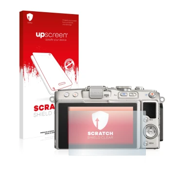 Parte frontal de un envase de producto con el logotipo de la marca upscreen. Al lado se muestra el dispositivo Olympus PEN Lit