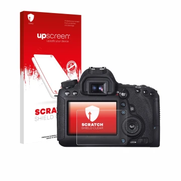 Parte frontal de un envase de producto con el logotipo de la marca upscreen. Al lado se muestra el dispositivo Canon EOS 6D co
