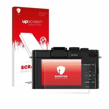 Parte frontal de un envase de producto con el logotipo de la marca upscreen. Al lado se muestra el dispositivo Leica D-Lux 6 c