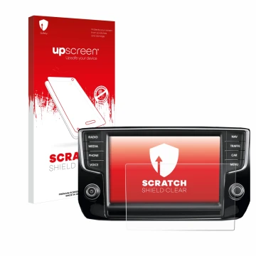 Parte frontal de un envase de producto con el logotipo de la marca upscreen. Al lado se muestra el dispositivo Volkswagen Pass