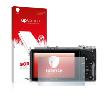 Parte frontal de un envase de producto con el logotipo de la marca upscreen. Al lado se muestra el dispositivo Samsung NX300 c