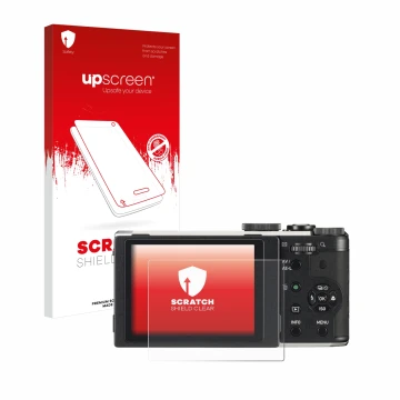 Parte frontal de un envase de producto con el logotipo de la marca upscreen. Al lado se muestra el dispositivo Pentax MX-1 con