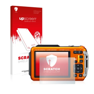 Parte frontal de un envase de producto con el logotipo de la marca upscreen. Al lado se muestra el dispositivo Panasonic Lumix