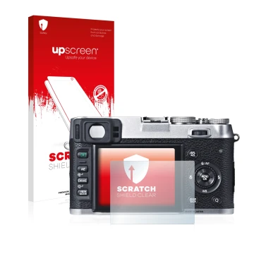 Parte frontal de un envase de producto con el logotipo de la marca upscreen. Al lado se muestra el dispositivo Fujifilm X100S 