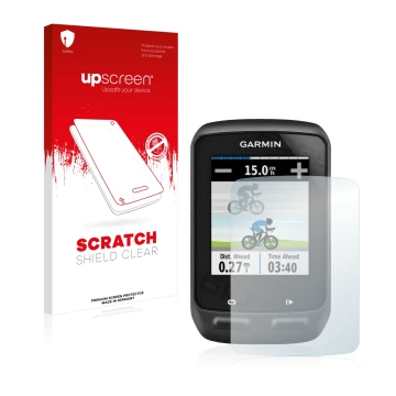Parte frontal de un envase de producto con el logotipo de la marca upscreen. Al lado se muestra el dispositivo Garmin Edge 510