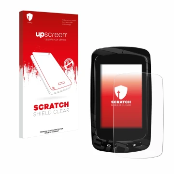 Parte frontal de un envase de producto con el logotipo de la marca upscreen. Al lado se muestra el dispositivo Garmin Edge 810