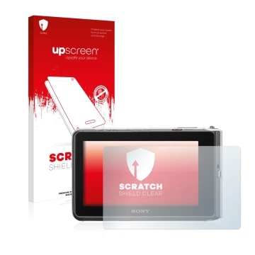 Parte frontal de un envase de producto con el logotipo de la marca upscreen. Al lado se muestra el dispositivo Sony Cyber-Shot