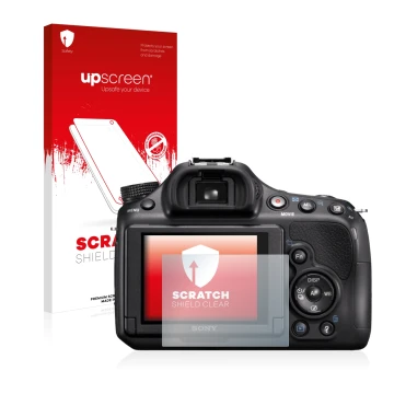 Parte frontal de un envase de producto con el logotipo de la marca upscreen. Al lado se muestra el dispositivo Sony Alpha 58 (