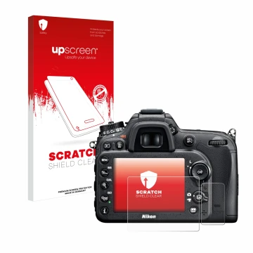 Parte frontal de un envase de producto con el logotipo de la marca upscreen. Al lado se muestra el dispositivo Nikon D7100 con