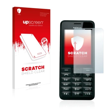 Parte frontal de un envase de producto con el logotipo de la marca upscreen. Al lado se muestra el dispositivo Nokia 301 con s