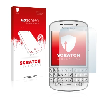 Parte frontal de un envase de producto con el logotipo de la marca upscreen. Al lado se muestra el dispositivo BlackBerry Q10 